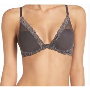 Natori Bra Womens Size 34G Feathers Lace Grey Plunge Molded Mesh T Shirt Comfort